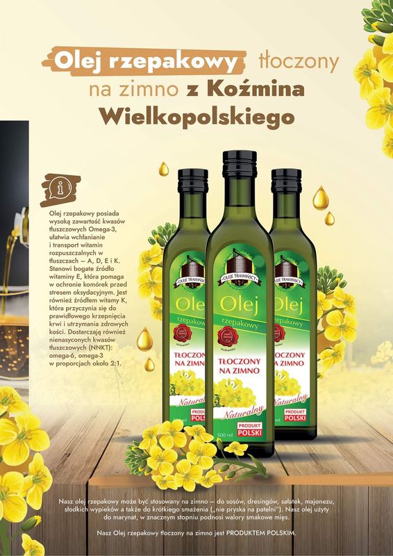 Na żółto - brązowym tle treść plakatu i butelki z olejem.