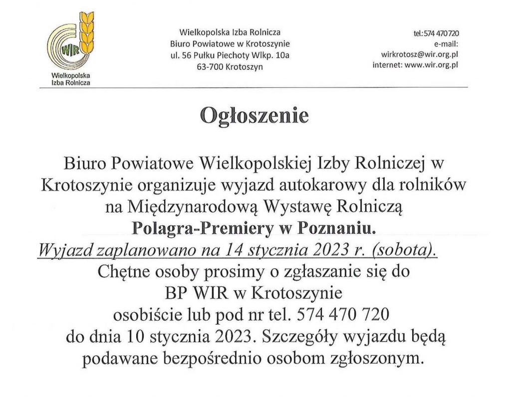 Ogłoszenie Biura Powiatowego Wielkopolskiej Izby Rolniczej, wyjazd na wystawę rolniczą, Polagra- Premiery, 14 stycznia 2023 roku