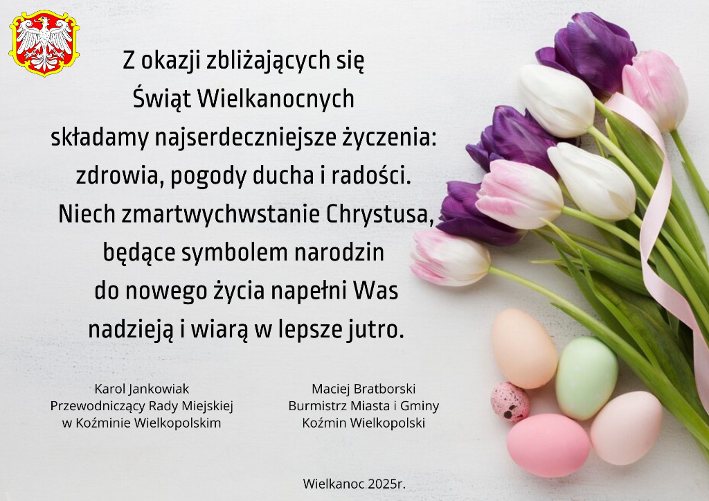 Na szarym tle tulipany, jajka i treść życzeń. 