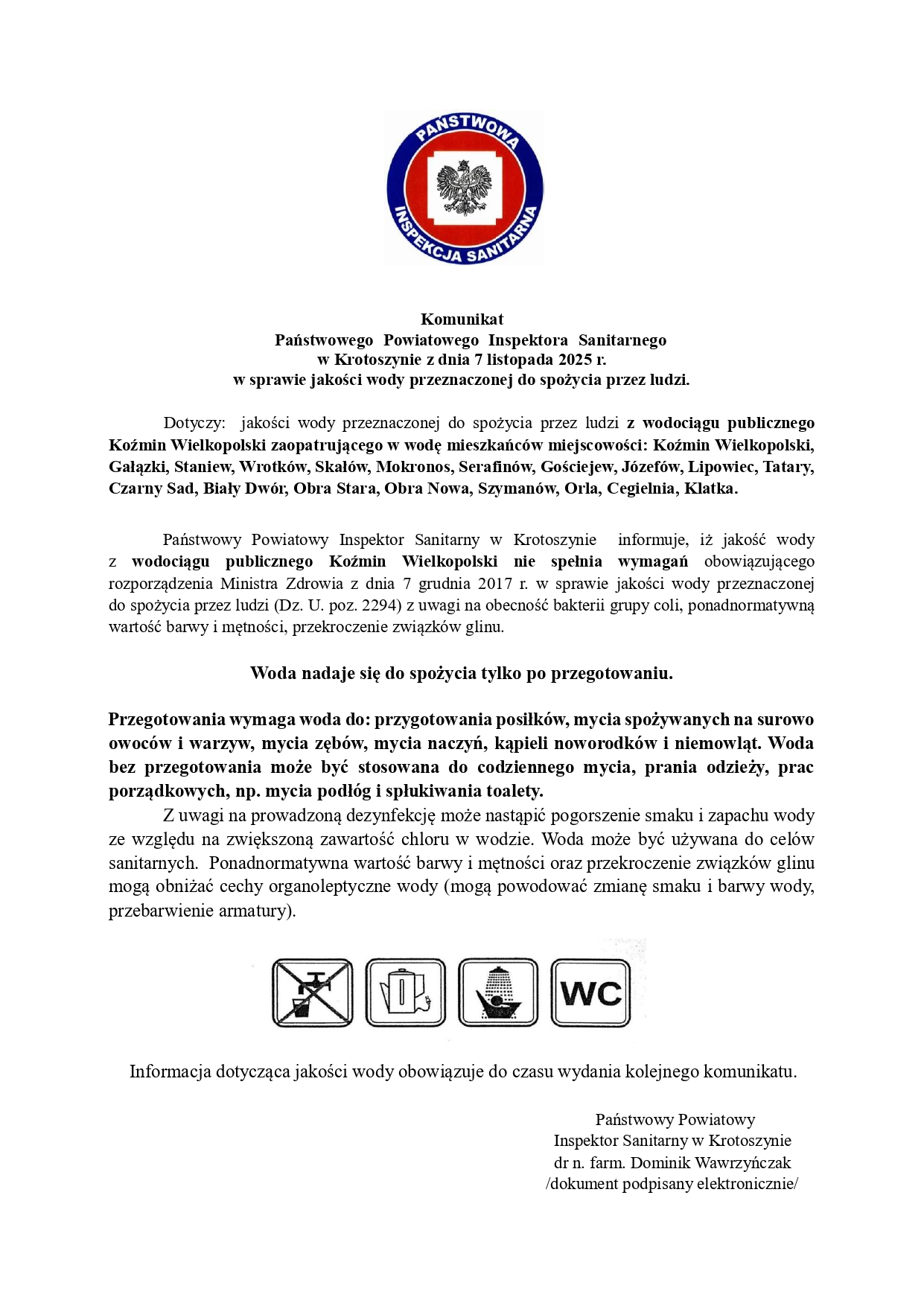 7.11.2025Komunikat dot wodociagu Kozmin Wielkopolski1 page 0001