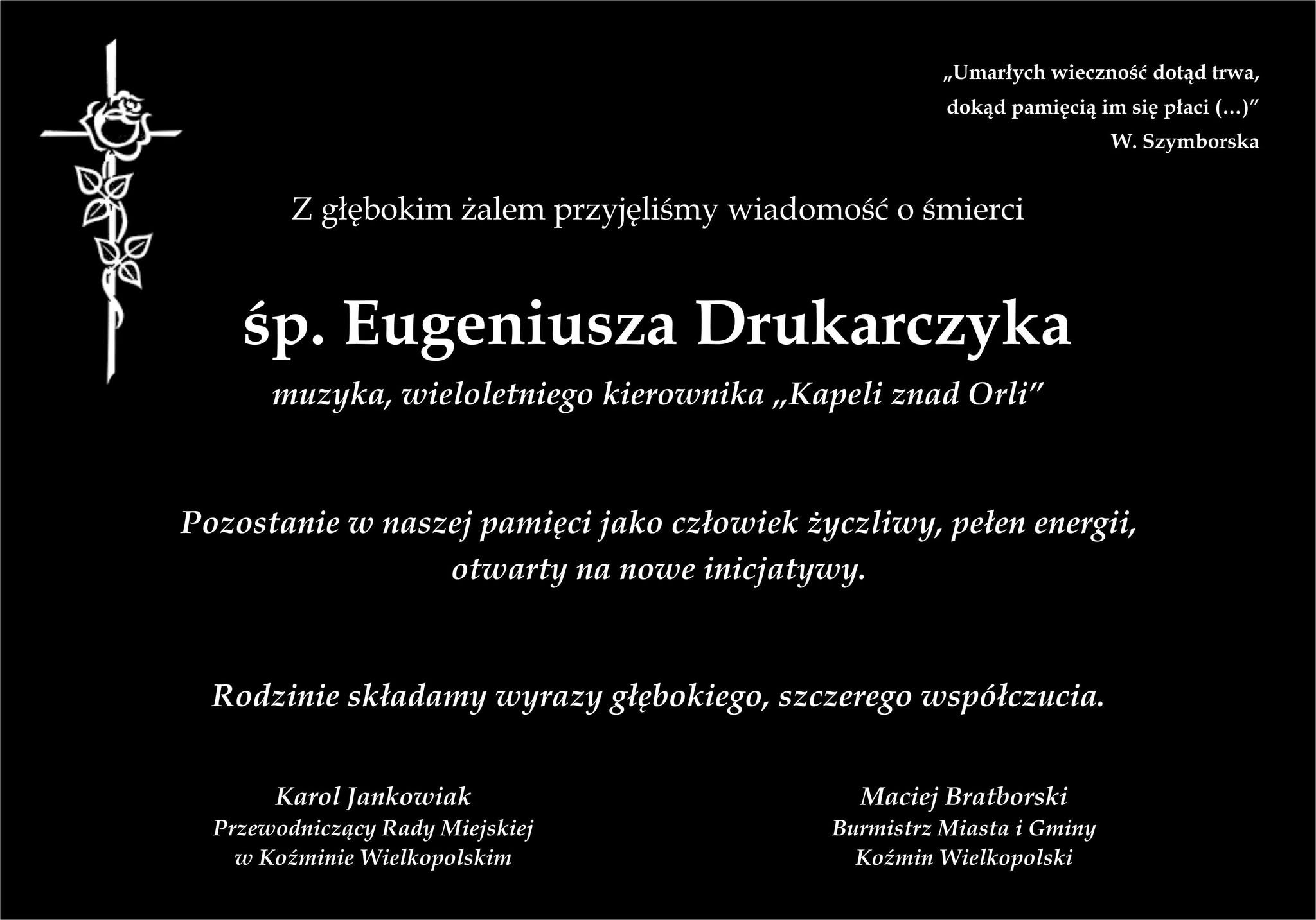 Na czarnym  tle treść kondolencji 
