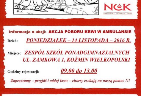 Już 14 listopada kolejna akcja poboru krwi w Koźminie Wlkp.