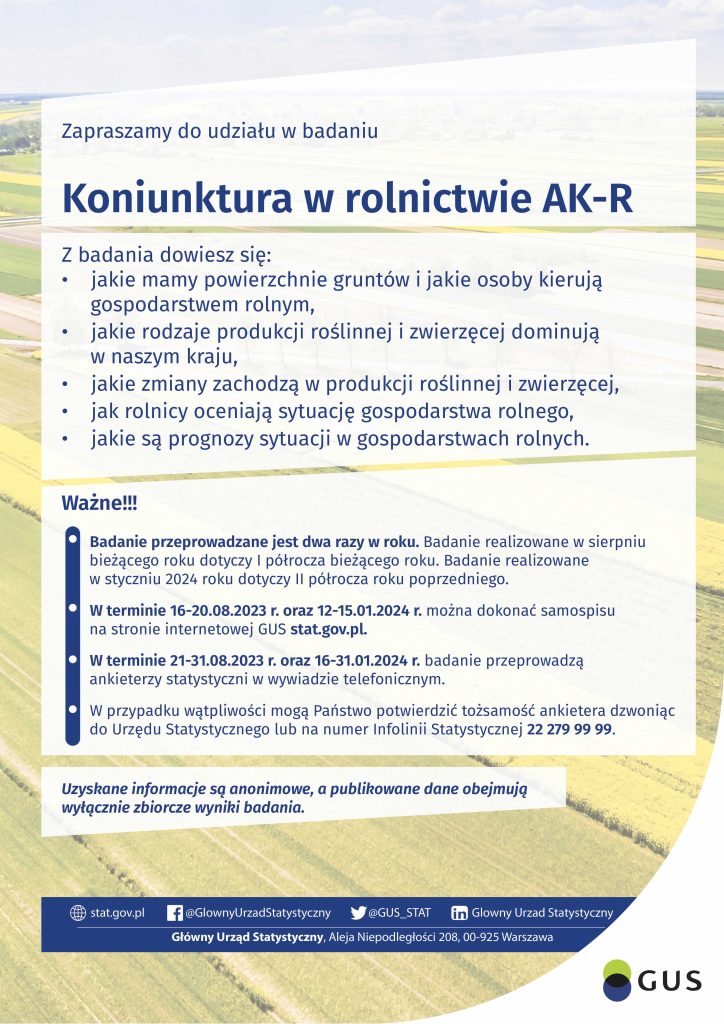 Badanie statystyczne z zakresu rolnictwa - Ankieta koniunktury w gospodarstwie rolnym 16-31.08.2023 r.